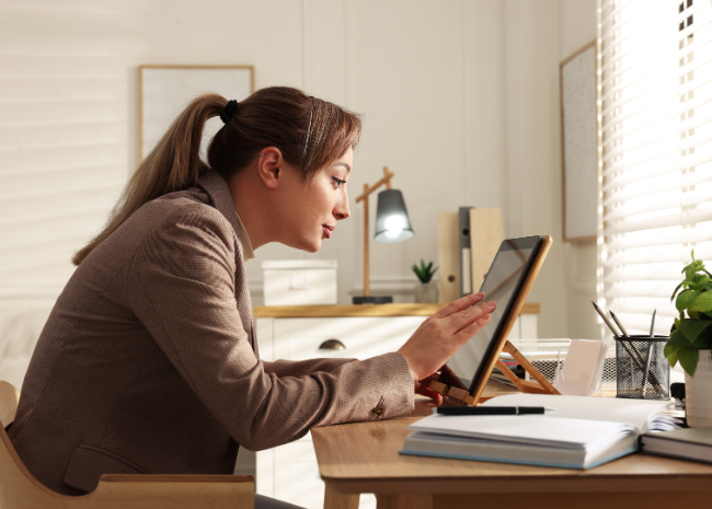 What causes back pain: woman slouching while studying at desk